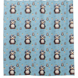 Rideaux De Douche Pingouins d'aquarelle de printemps avec fleurs en 