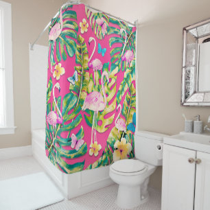 Rideaux De Douche Pink Flamingos Tropical Botanical Butterfly