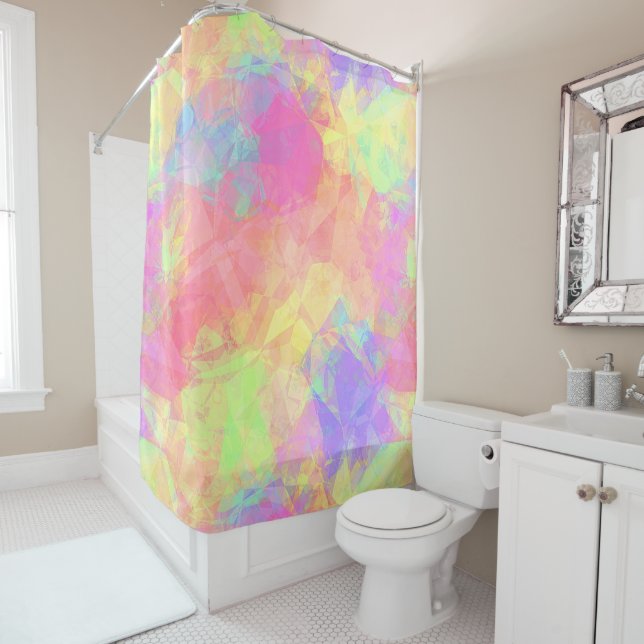Rideaux De Douche Pink Lime Green Purple Blue Polygon Art Motif (En situation)