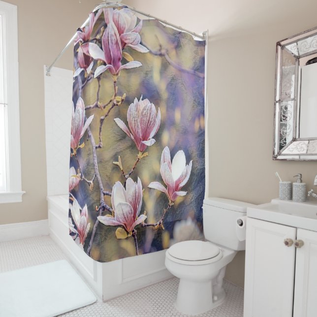 Rideaux De Douche Pink magnolia branche aquarelle violet arrière - p (En situation)