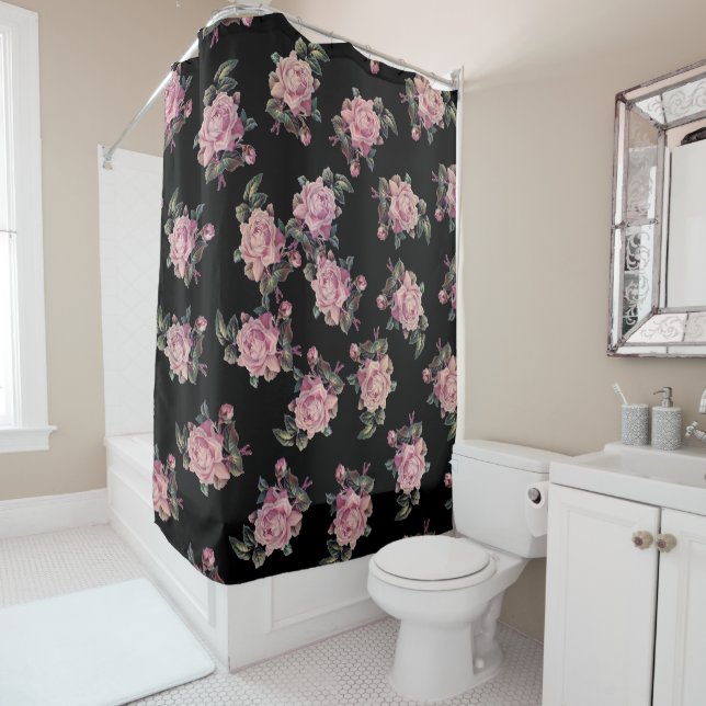 Rideaux De Douche Pink Roses Dark Floral Pattern Shabby Chic (En situation)