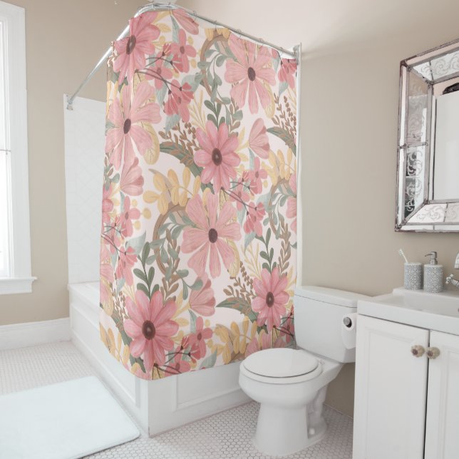 Rideaux De Douche Pink Sage Vert Floral Feuille Motif d'aquarelle (En situation)