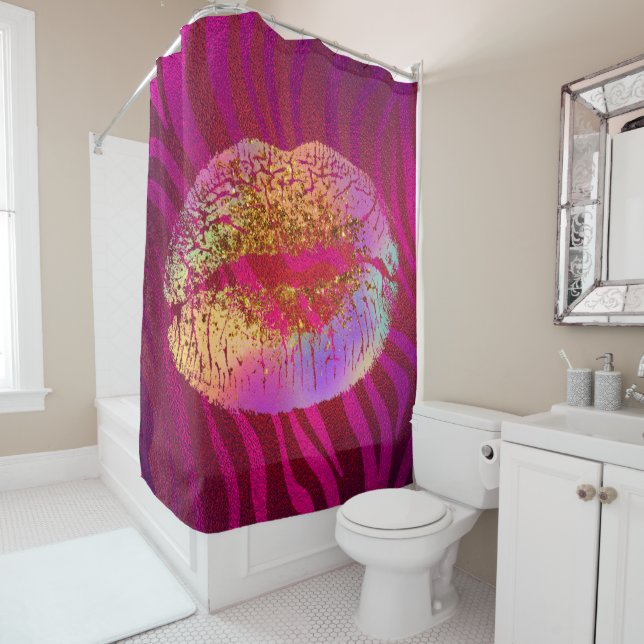 Rideaux De Douche Pink Zebra Print Rainbow Gold Parties scintillant  (En situation)