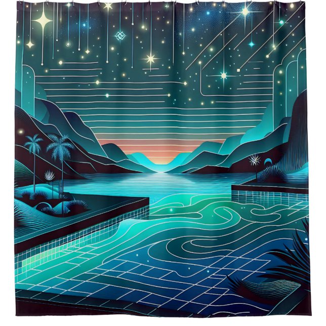 Rideaux De Douche "Piscine d'infini à Twilight : Paysage nocturne se (Devant)