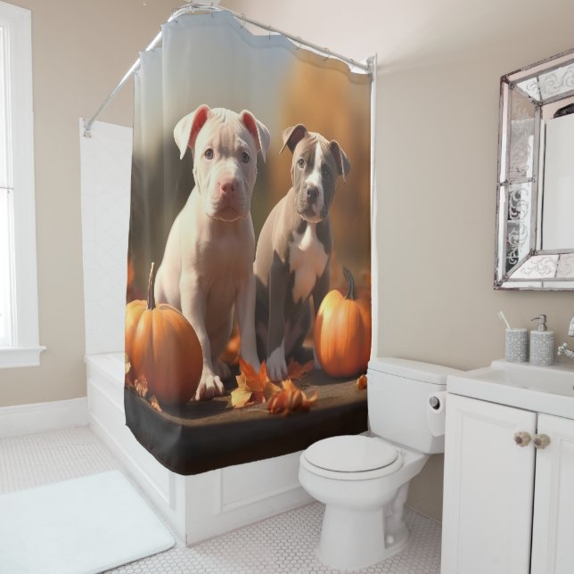 Rideaux De Douche Pitbull Chiot Automne Citrouille de plaisir (En situation)