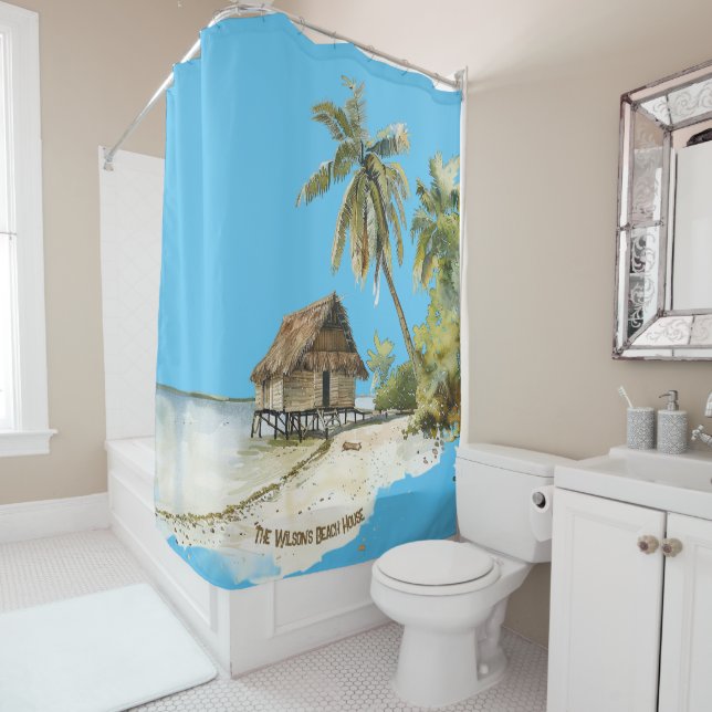 Rideaux De Douche Plage de la Maison de chaume Paradise Tropical (En situation)