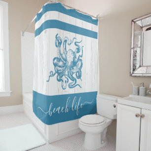 Rideaux De Douche Plage de poulpe turquoise script de vie blanc bois