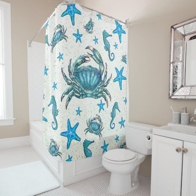 Rideaux De Douche Plage moderne Crabe Bleu Starfish Horloge (En situation)