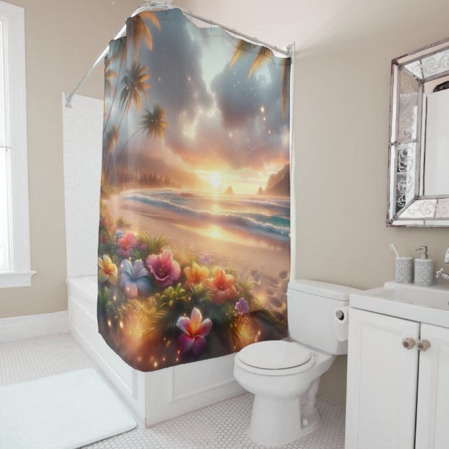 Rideaux De Douche Plage tropicale enchantée avec Hibiscus magique (En situation)