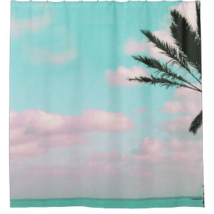 Rideaux De Douche Plage tropicale, vue d'océan, nuages roses, paume