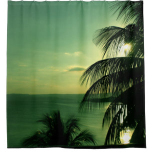 Rideaux De Douche Plage vintage Coucher de soleil Vert Ciel Bleu Mer