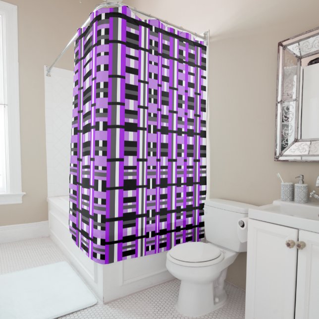 Rideaux De Douche Plaid en violet, noir et gris gras (En situation)