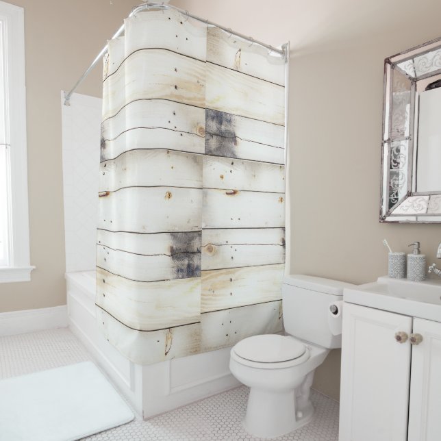 Rideaux De Douche Planches en bois blanches (En situation)