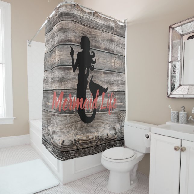 Rideaux De Douche PLANCHES EN BOIS + MERMAID avec la vie de sirène d (En situation)
