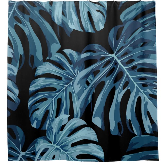 Rideaux De Douche Plante Monstera : motif feuille bleu. (Devant)