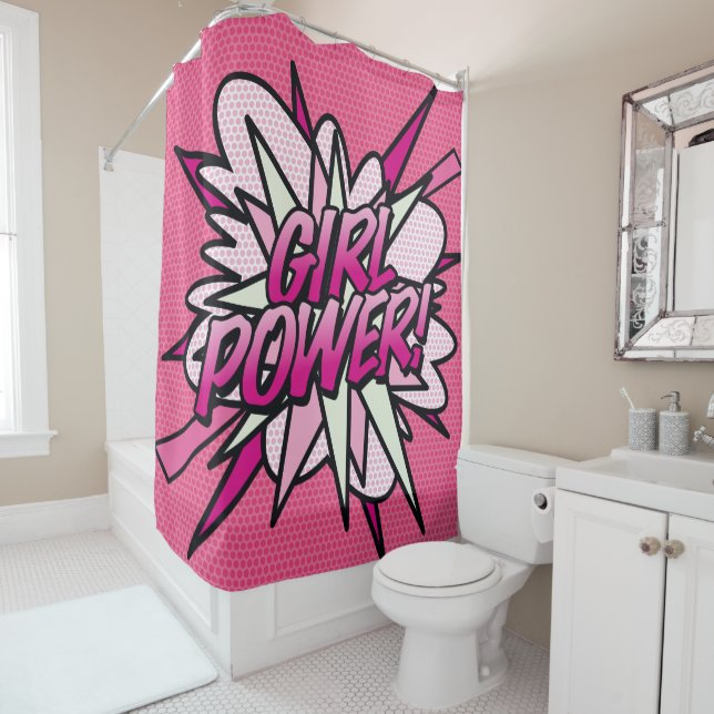 Rideaux De Douche PLEIN POUVOIR Fun Retro Comic Book Pop Art Rose (En situation)