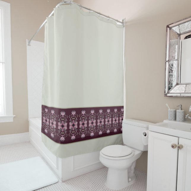 Rideaux De Douche Plum Gris Doux Bourgogne Avec Rose Pastel (En situation)