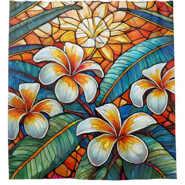 Rideaux De Douche Plumeria en verre tendu sur orange (Devant)