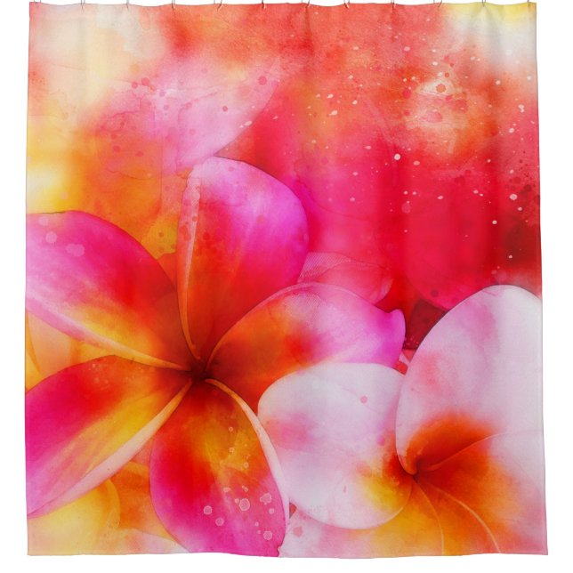 Rideaux De Douche Plumeria hawaïenne au néon rose, jaune et blanc (Devant)