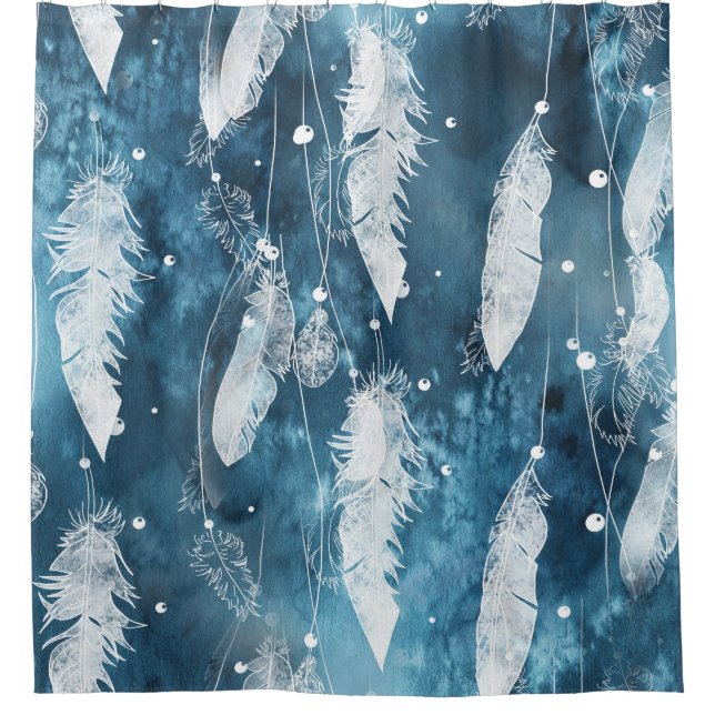 Rideaux De Douche Plumes blanches tombantes, aquarelle bleue. (Devant)