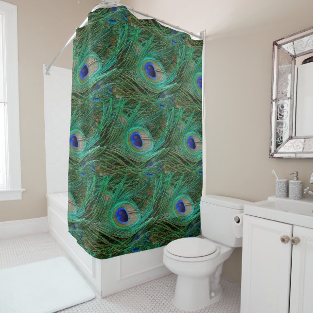 Rideaux De Douche Plumes de paon bleu indien  (En situation)