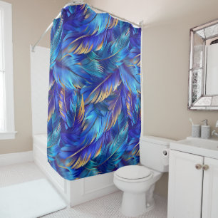 Rideaux De Douche Plumes d'or bleu cobalt
