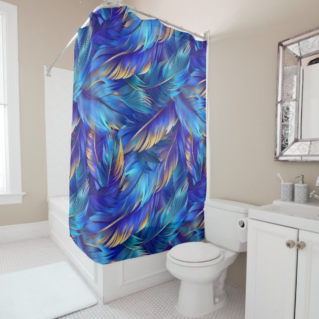 Rideaux De Douche Plumes d'or bleu cobalt (En situation)