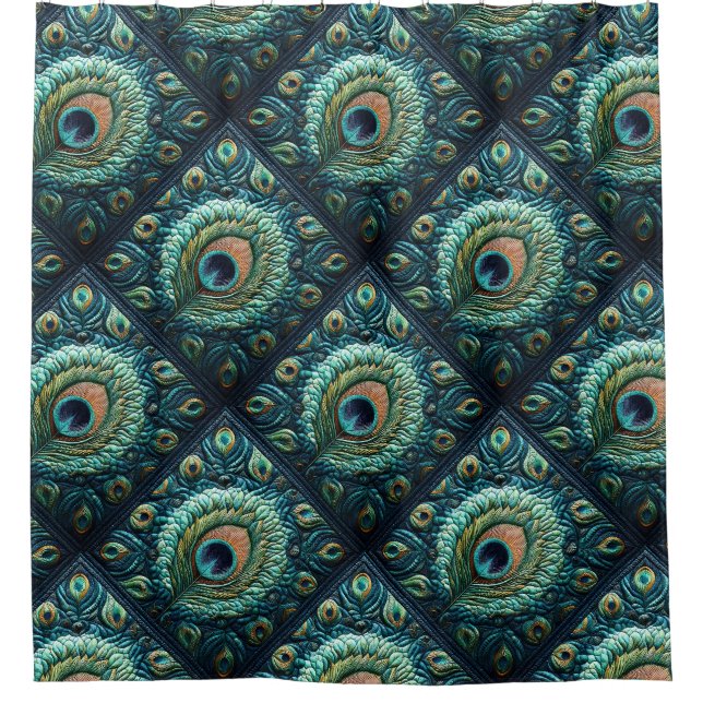 Rideaux De Douche Plumes Peacock Bleu Quilté Design (Devant)