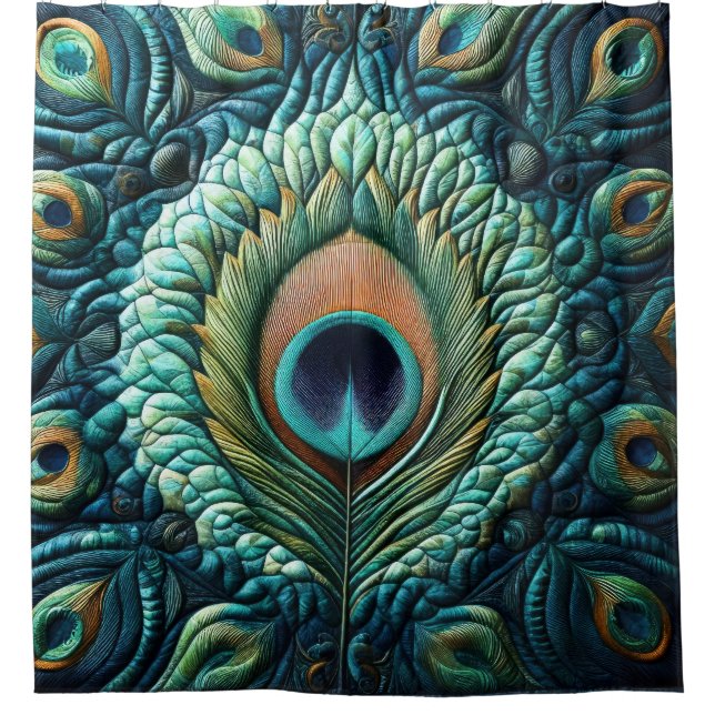 Rideaux De Douche Plumes Peacock Bleu Quilté Design (Devant)