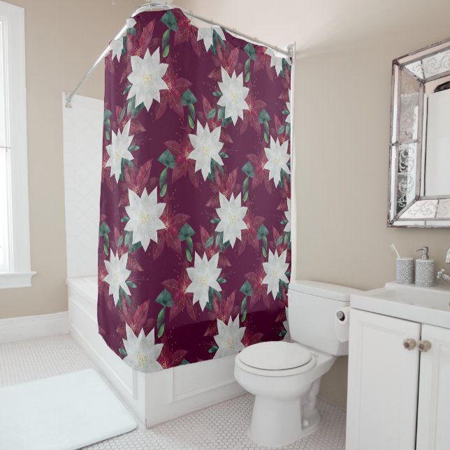 Rideaux De Douche Poinsettia Bourgogne et Turquoise vacances d'hiver (En situation)