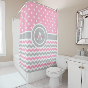 Rideaux De Douche Point de polka gris rose Chevron