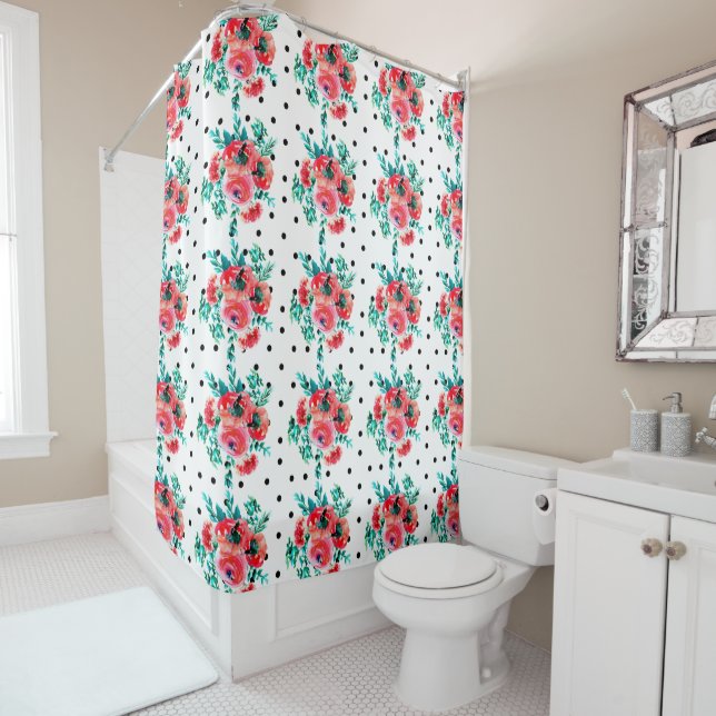 Rideaux De Douche Pois noirs et Motif Rose d'aquarelle rouge (En situation)