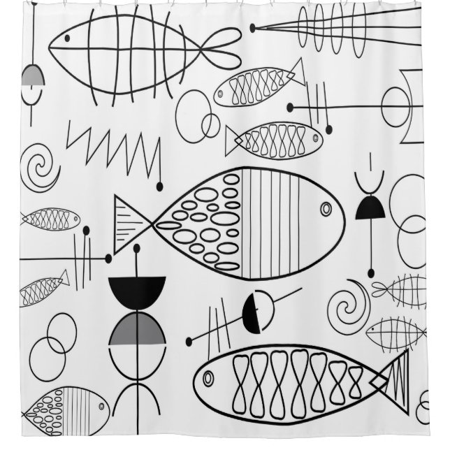 Rideaux De Douche Poisson moderne du milieu du siècle Art noir blanc (Devant)