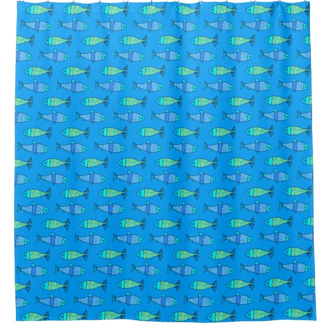 Rideaux De Douche Poisson moderne rétro, bleu turquoise et cerulean (Devant)
