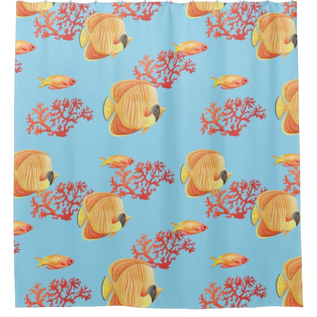 Rideaux De Douche Poisson orange tropicale et corail (Devant)