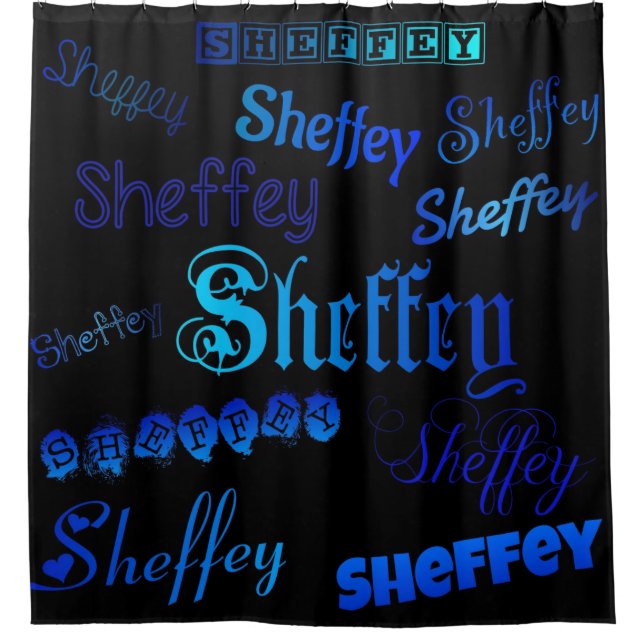 Rideaux De Douche Polices Sheffey - Tons Bleus sur douche noire (Devant)