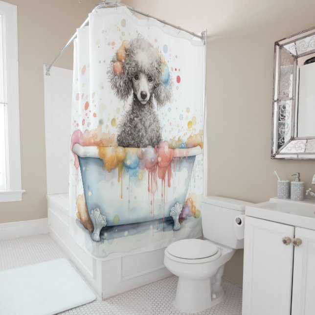 Rideaux De Douche Poodé Dans La Baignoire Aquarelle Chien Art (En situation)