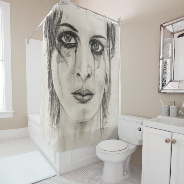 Rideaux De Douche Portrait d'une fille en pleurs - Dessin au crayon (En situation)
