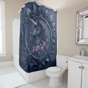Rideaux De Douche Portrait Unicorne foncé dans un cadre rond