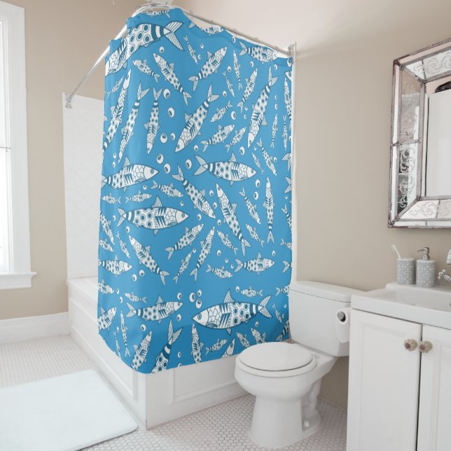Rideaux De Douche Portugais Lisbonne Sardines Motif Azulejos Bleu (En situation)