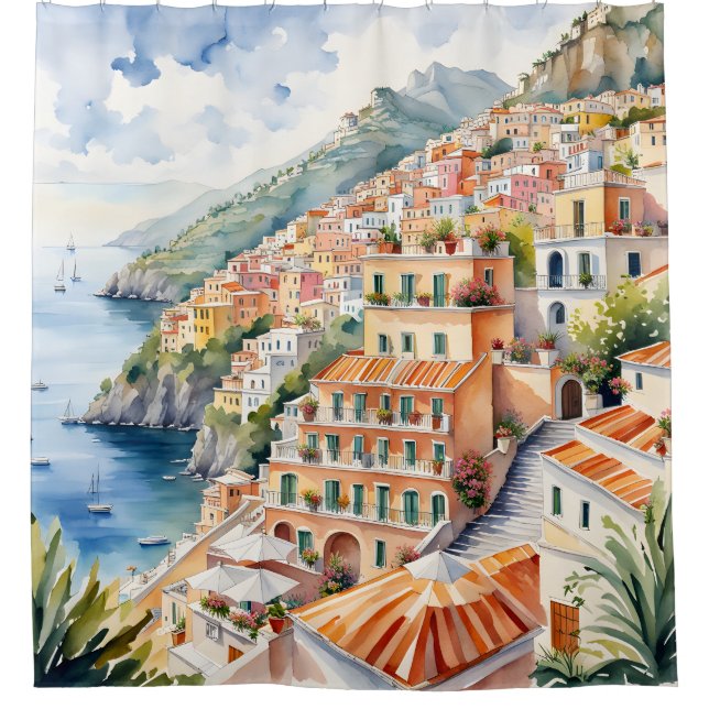 Rideaux De Douche Positano : Le charme de l'aquarelle sur la côte am (Devant)