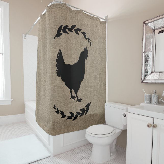 Rideaux De Douche Poule noire de Faux de ferme de lauriers rustiques (En situation)