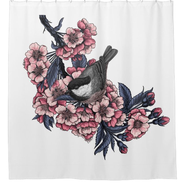 Rideaux De Douche Poulet sur une branche de cerise en fleurs (Devant)