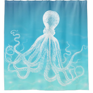 Rideaux De Douche Poulpe blanc vintage dans l'océan de mer profonde