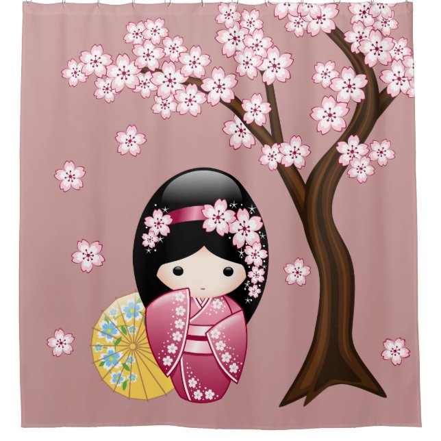 Rideaux De Douche Poupée Kokeshi printemps mignonne Japonaise Geisha (Devant)