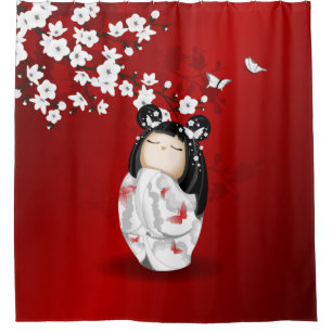 Rideaux De Douche Poupée Kokeshi Rouge Noir Blanc Cerisier Fleurs