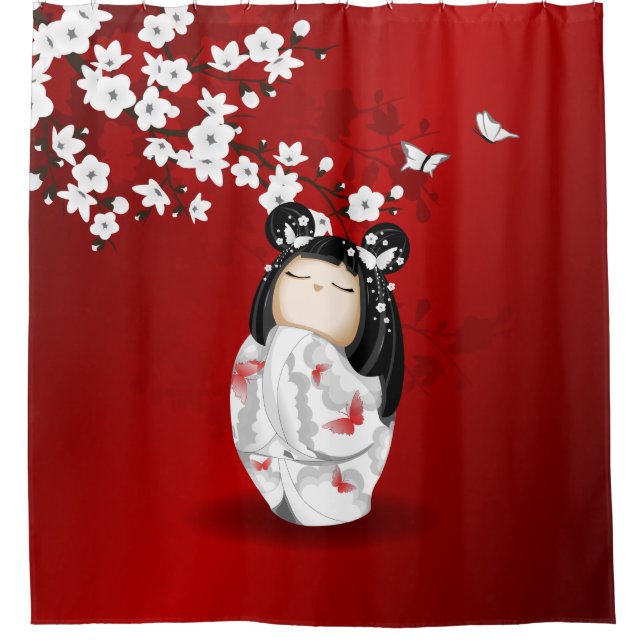 Rideaux De Douche Poupée Kokeshi Rouge Noir Blanc Cerisier Fleurs (Devant)