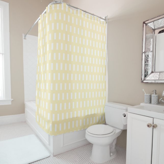 Rideaux De Douche Préppy Jaune et blanc Motif de grille géométrique (En situation)