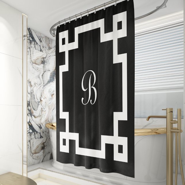 Rideaux De Douche Preppy Monogramme blanc Clé grecque Bordure noire (Créateur téléchargé)