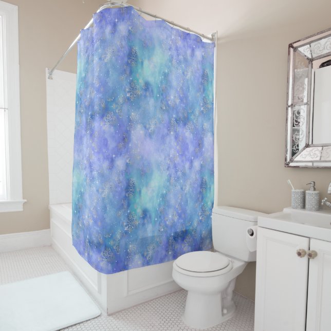 Rideaux De Douche Purple bleu nuit Sky Aquarelle Turquoise (En situation)